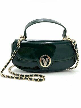 Valentino Orlandi V-3021D Forest Green Patent Crystal V Logo Crossbody Clutch